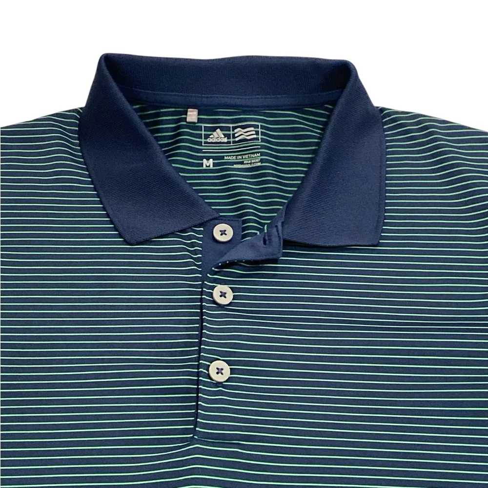 Adidas Navy Blue & Green 3 Button Collared SS Golf Polo Shirt - Medium